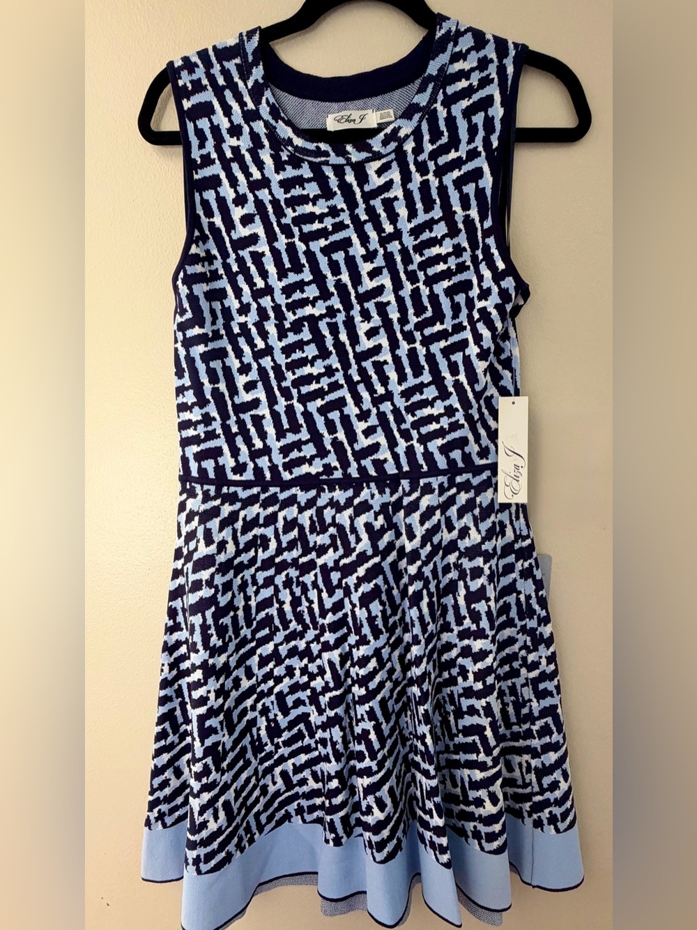 Eliza J Blue White Geometric Fit & Flare Knit Dress Plus Size PL NWT